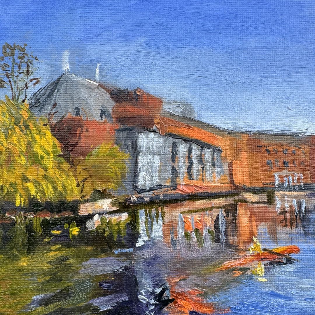 Close-up detail of an oil painting of the Royal Shakespeare Theatre in Stratford-upon-Avon, showing textured brushstrokes and reflections in the River Avon with warm terracotta tones and cool blues.