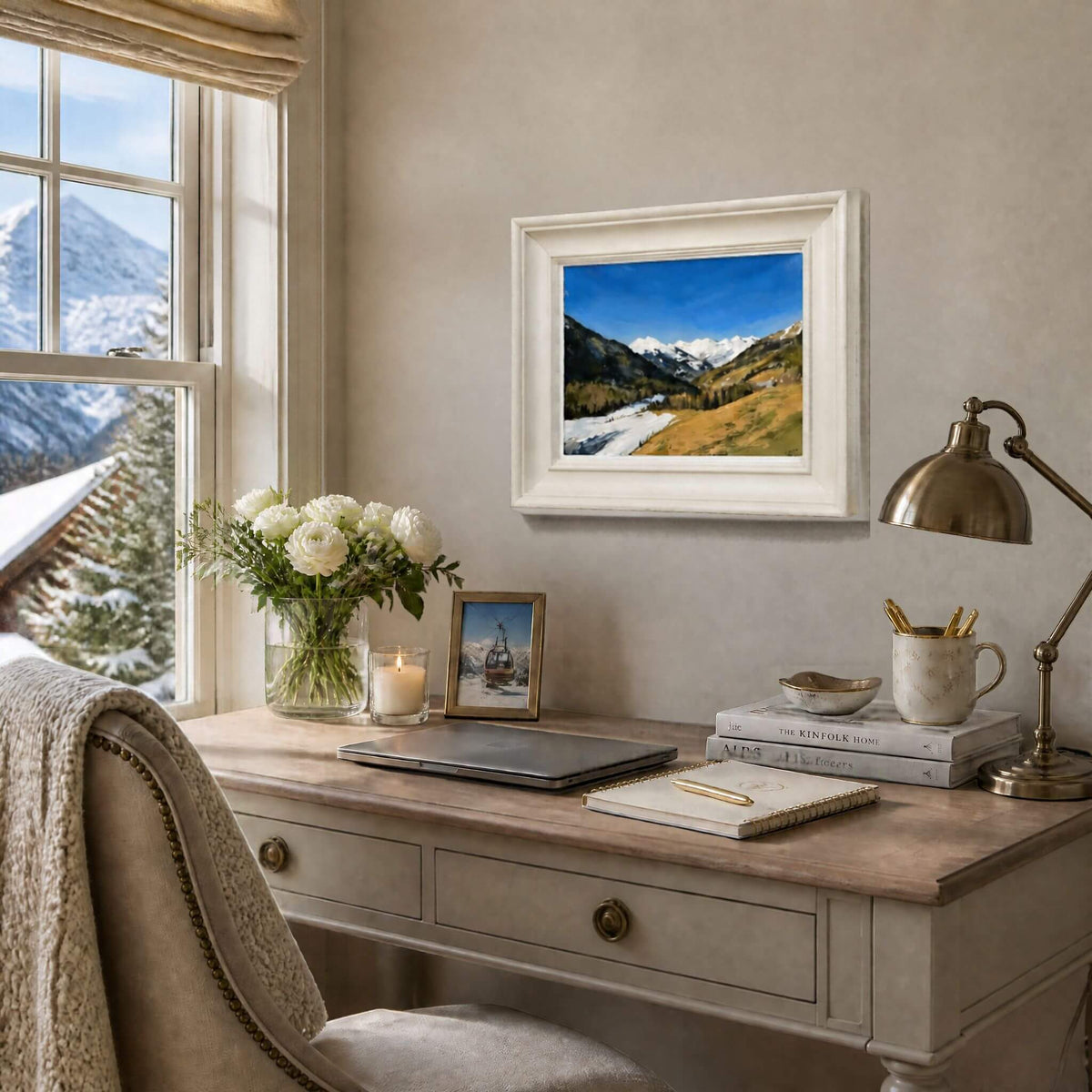 Original oil painting of San Leonardo mountains in painted wooden frame by British artist Lorraine Field