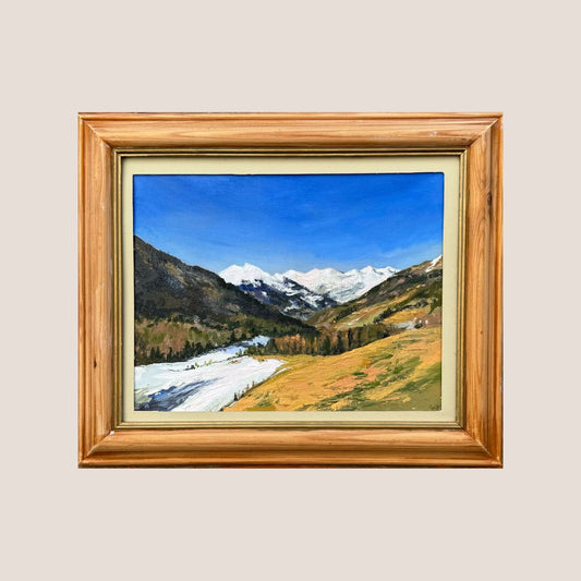 Original oil painting of the San Leonardo mountains in the Italian Alps by British artist Lorraine Field, painted on location. Impressionistic alpine landscape featuring snow-capped peaks, rolling valleys and crisp blue skies