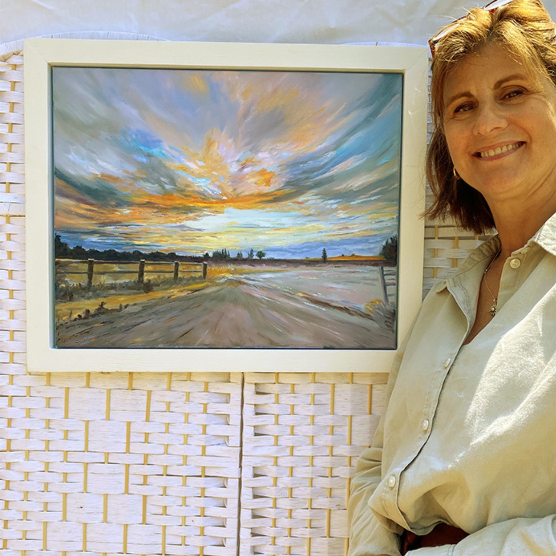 Scale photo of framed oil painting of Warwickshire Sunrise