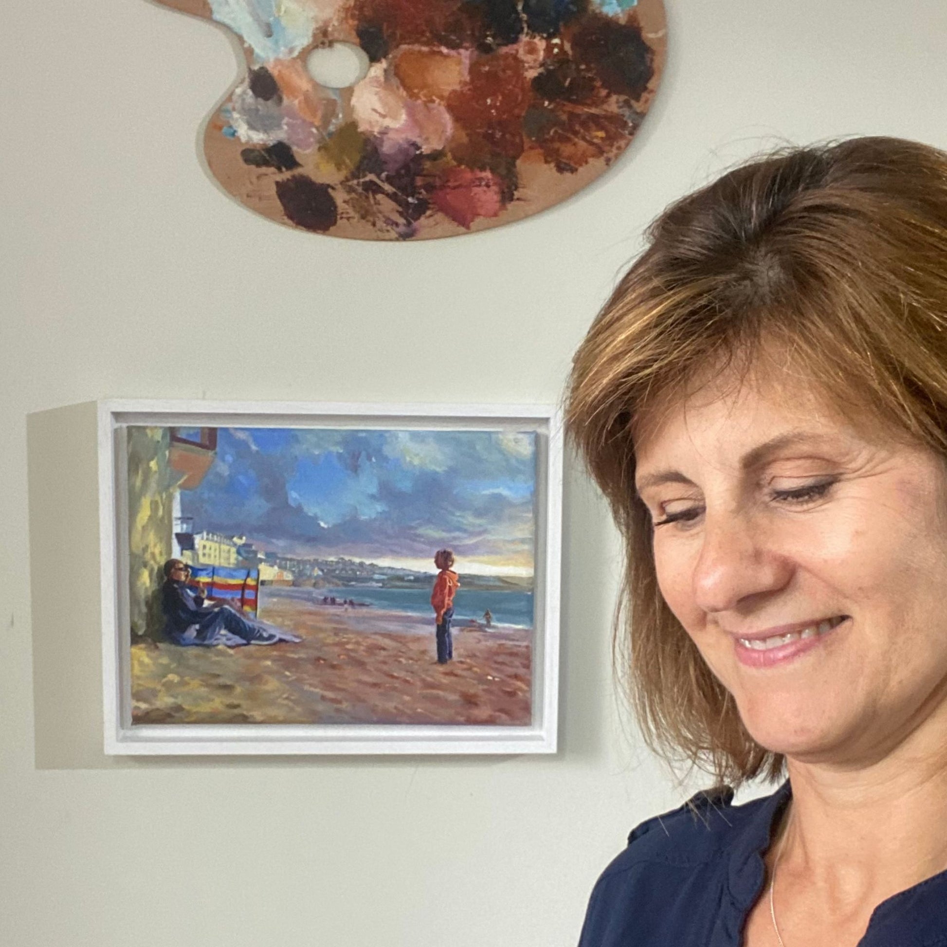 Scale photo of framed original oil painting of Porthmeor Beach in Cornwall "Will you play?"