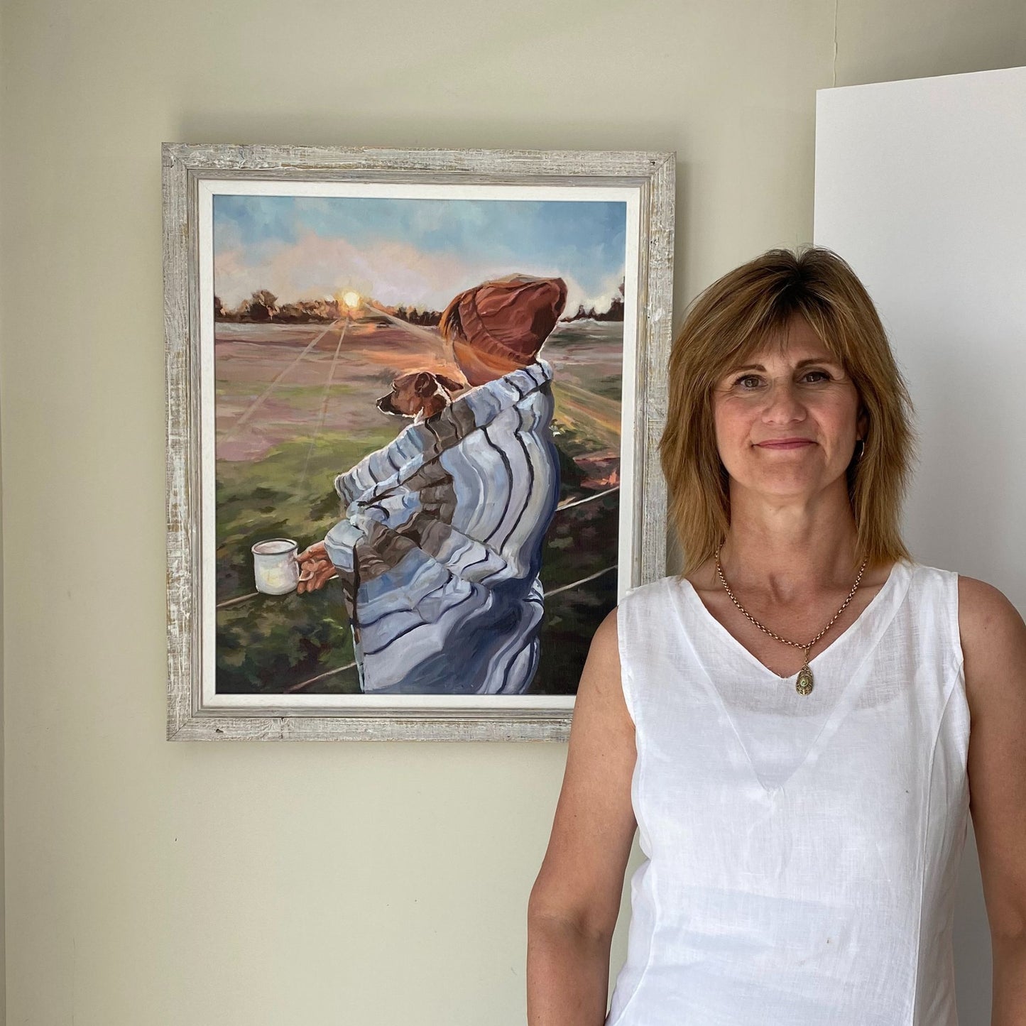Scale photo of Framed original oil painting of Sunrise with the Pup