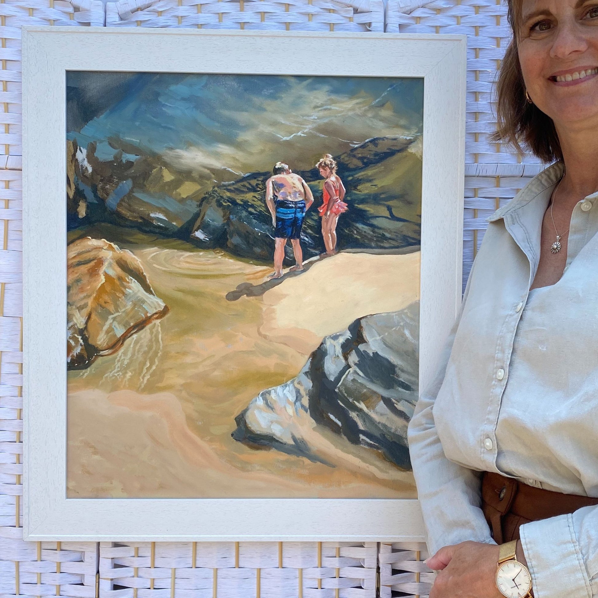 Scale photo of original framed oil painting of St Agnes Beach in Cornwall