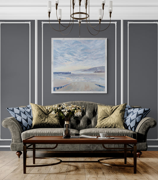 St Ives Sunrise Coastal Art in Sitting Room – St Ives Sunrise framed and styled in a cosy sitting room, creating a comforting, story-filled focal point.