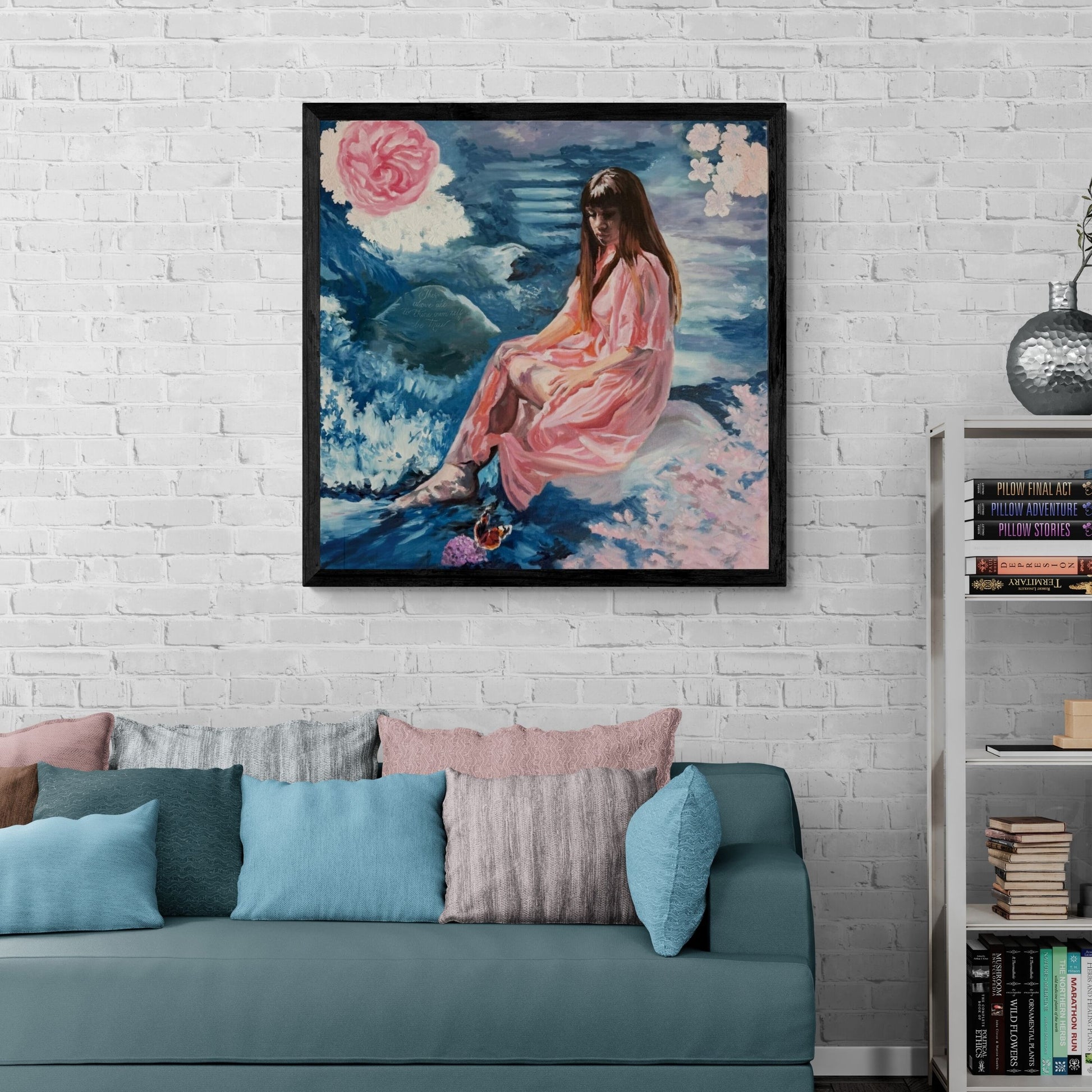 A lady in a surreal garden setting with a quotation by Shakespeare etched into the rock beside her. Art print by Lorraine Field Art.