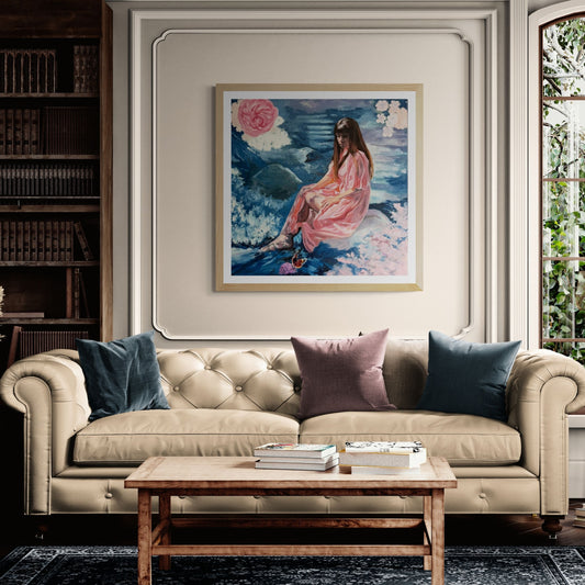 A lady dressed in light pink gown looks toward a red admiral butterly in this stylised art print in natural frame.