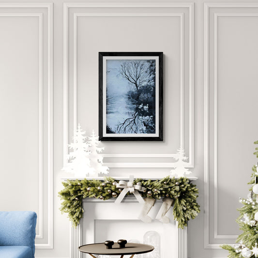 A fine art swan print of a Pair of Swans on a Misty Canal in Warwickshire.