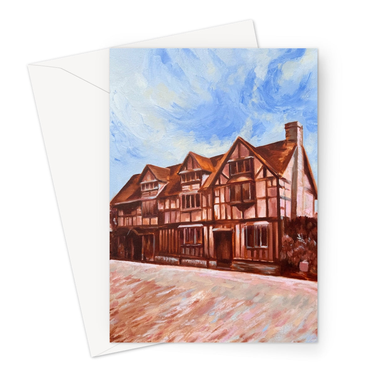 Greeting card with a painting of Shakespeare's Birthplace, a tudor-style house on a white background