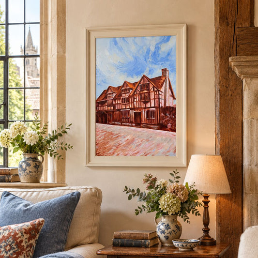 Original oil painting of Shakespeare’s Birthplace in Stratford-upon-Avon displayed in a warm interior with plants 