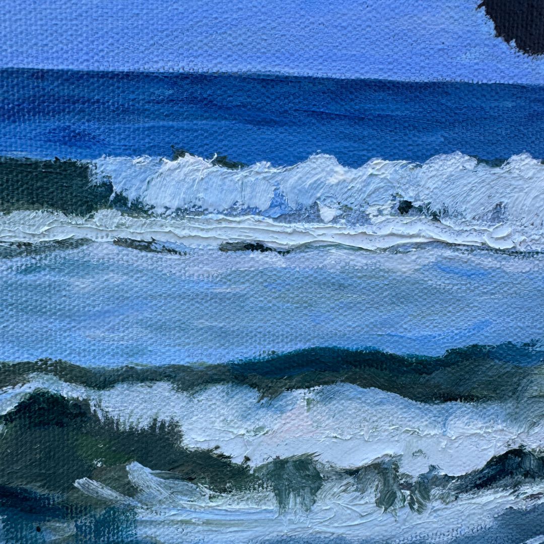 Close up of texture on painting of a surfer dude on a beach in Cornwall