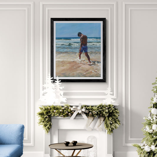 Surf Love Fine Art Print in Christmas Room Setting with Christmas tree with white decorations
