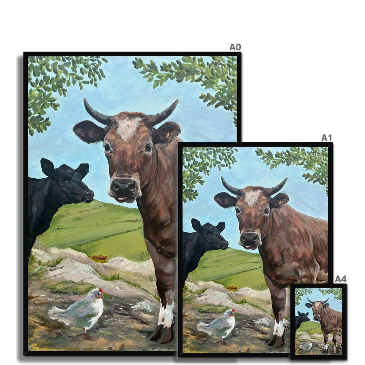 Selection of size options for framed prints of cows and a chicken in a natural setting 