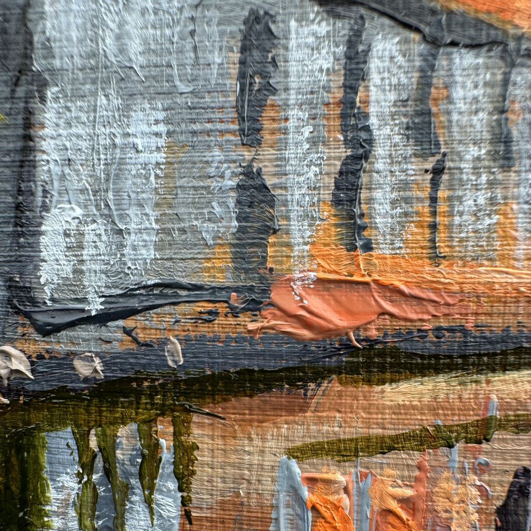 Close-up detail of water reflections in an oil painting, with bold palette knife strokes in orange, gold and blue, capturing light on the River Avon in Stratford-upon-Avon.
