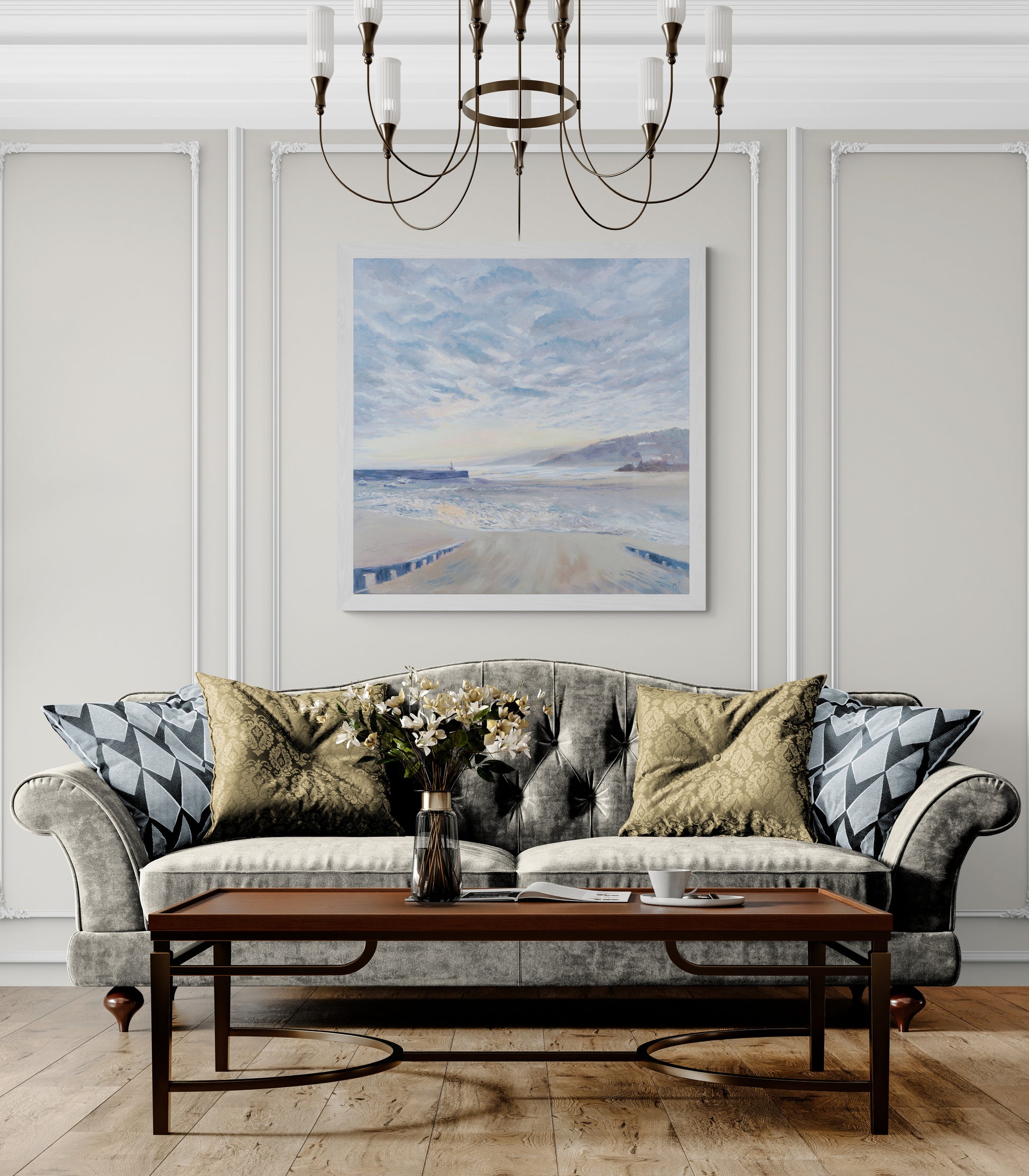 St Ives sunrise oil painting above velvet sofa in elegant living room.