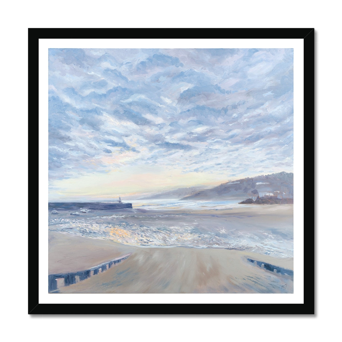 Fine art print of St Ives Harbour, Cornwall, displayed in a black frame, adding timeless contrast to coastal nostalgia.