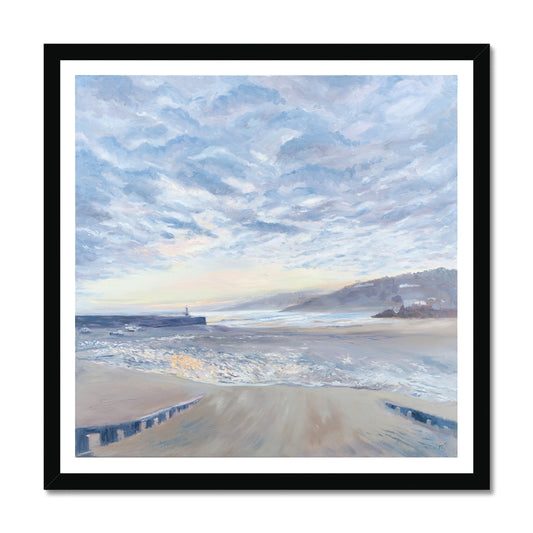 Fine art print of St Ives Harbour, Cornwall, displayed in a black frame, adding timeless contrast to coastal nostalgia.