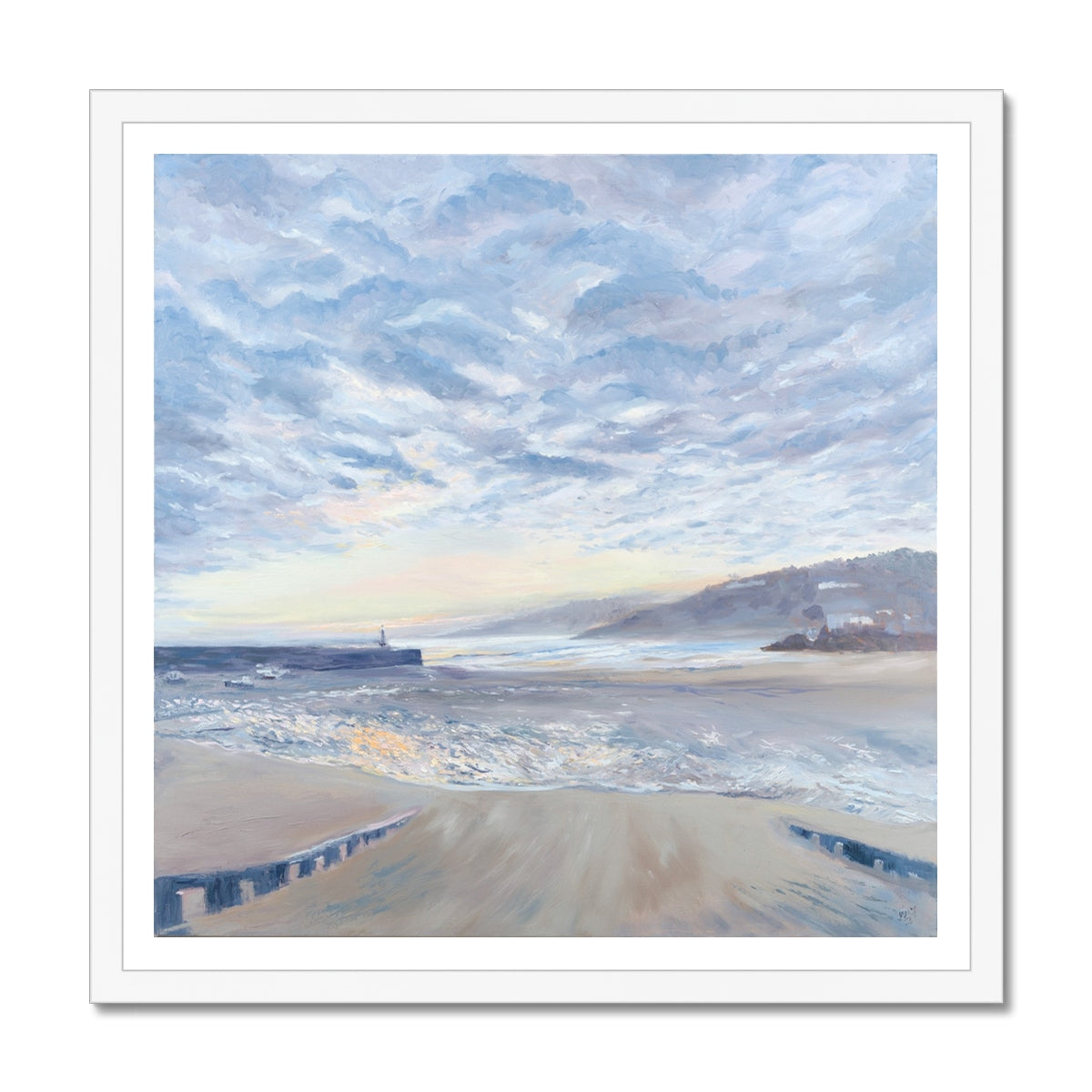 St Ives Harbour fine art print in a white frame, bringing a light, coastal freshness to your home decor.