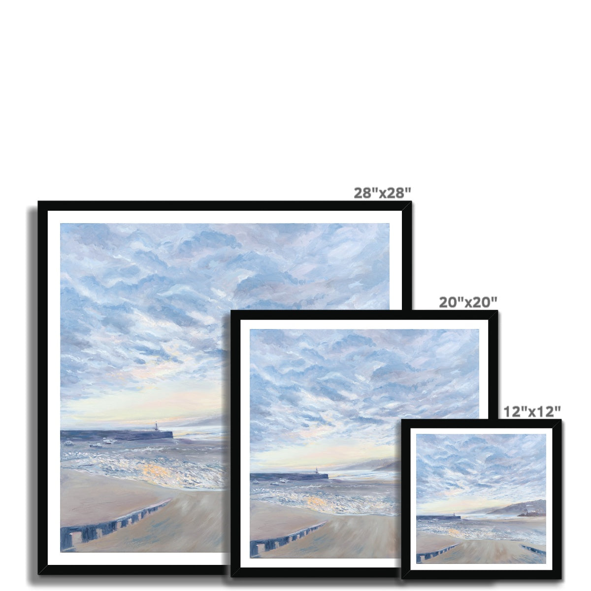 Set of three framed artworks with St Ives Harbour scene and size dimensions on a white background 