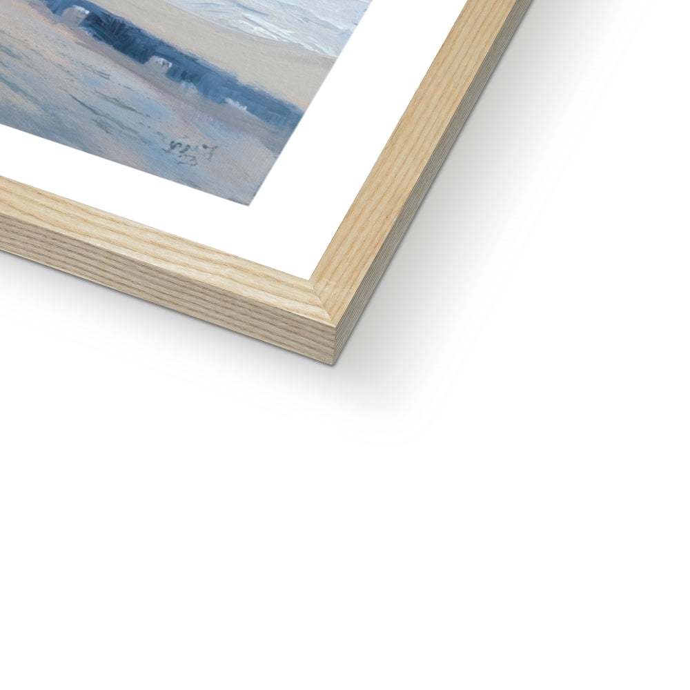 Close-up of a natural wooden picture frame corner of fine art print of St Ives Harbour in Cornwall