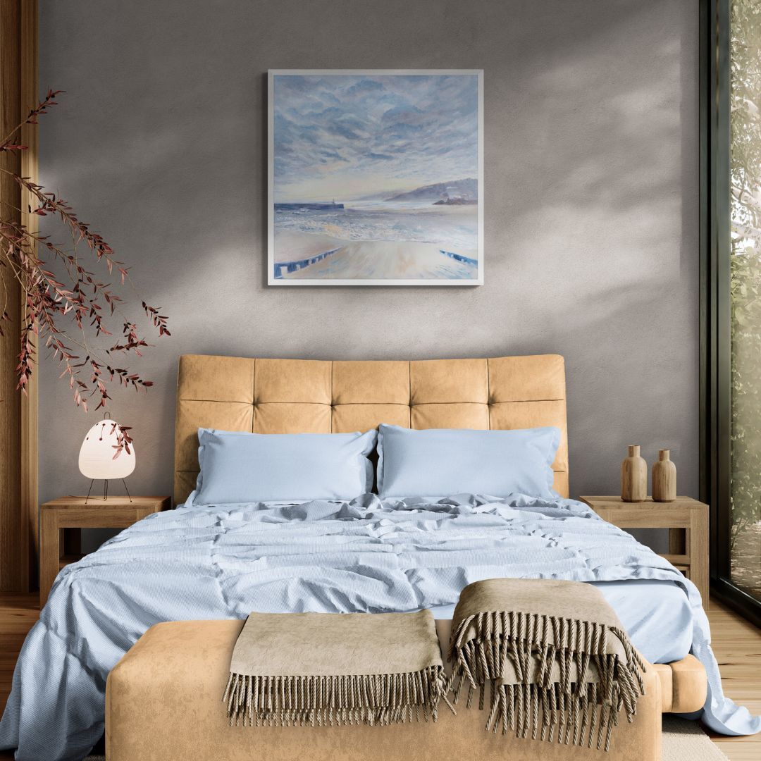 Fine Art Light Blue and grey print of St Ives Harbour with Godrevy Lighthouse