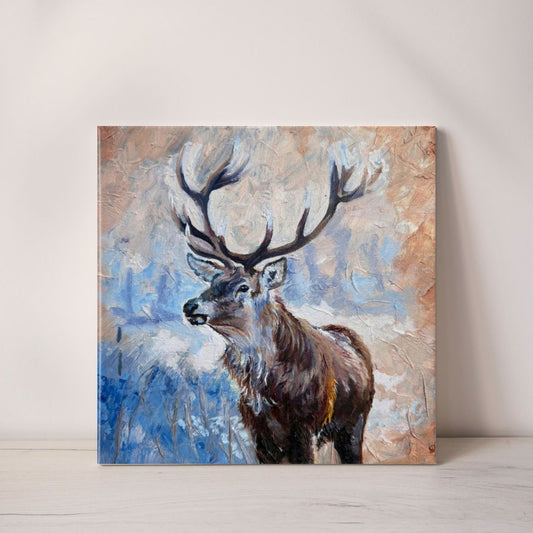 Painting of a deer with large antlers on a textured wall.
