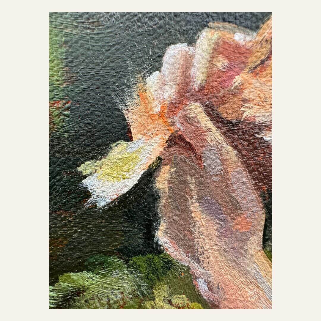 Close-up of Stillness Among the Leaves, showing textured oil brushwork across the woman’s hands and white dress.