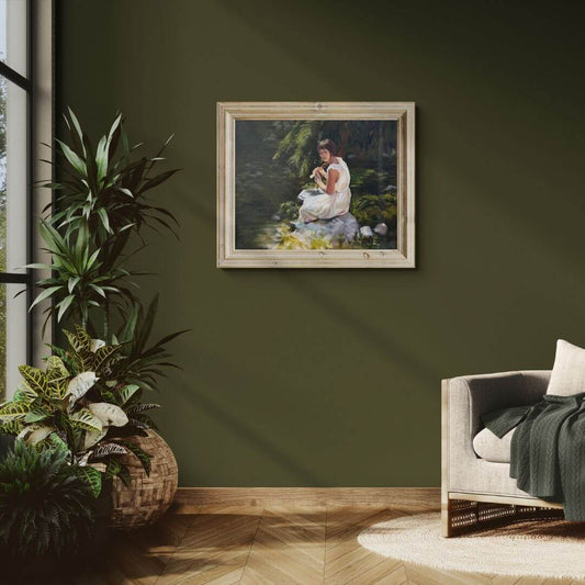 Emotional contemporary oil painting displayed in a calm modern interior. Woodland artwork inspired by reflection, healing, and personal transformation.