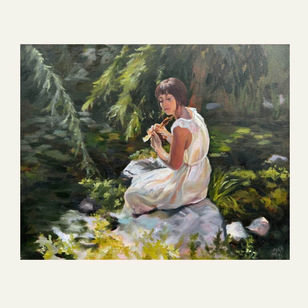 Stillness Among the Leaves original oil painting of a woman in a white dress seated on a rock beside a woodland pond.