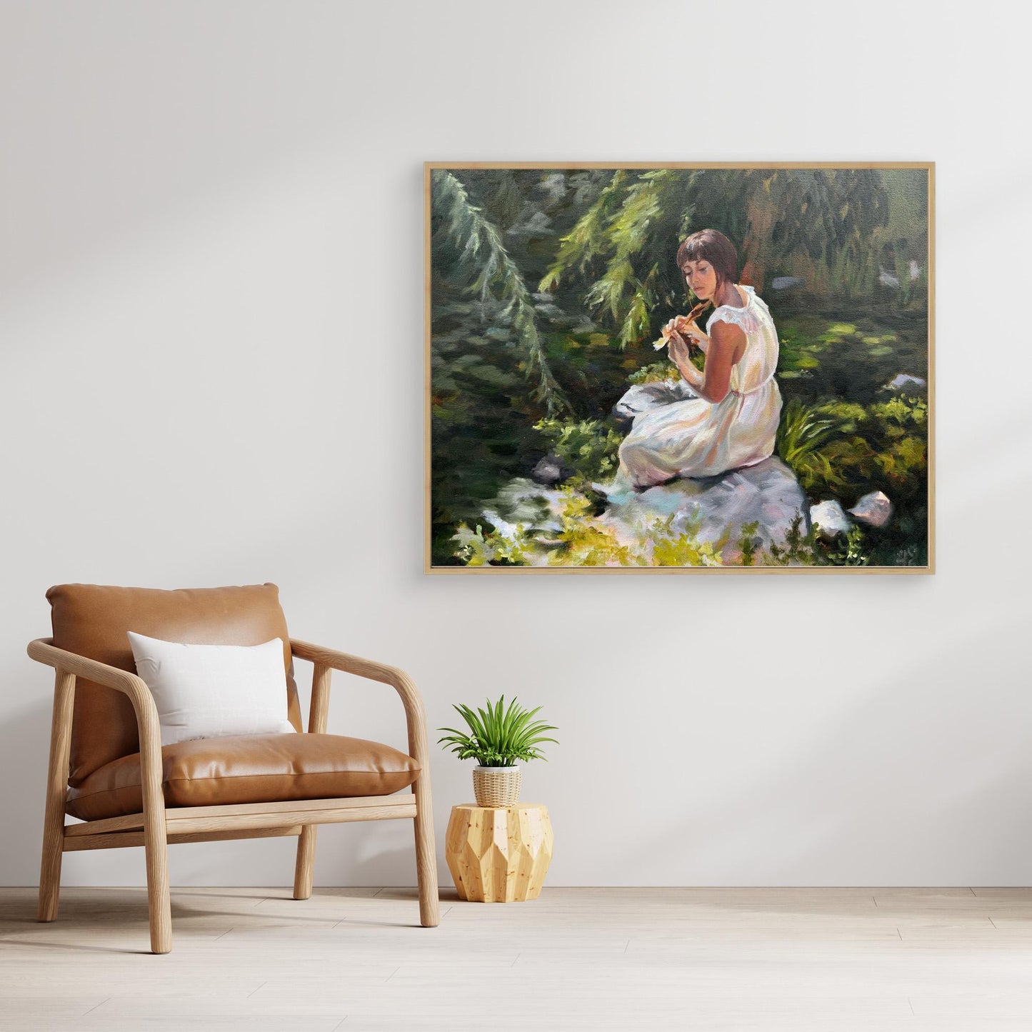 Reflective woodland canvas wall art featuring a contemplative woman seated among green foliage. Emotional framed artwork for calm interiors.