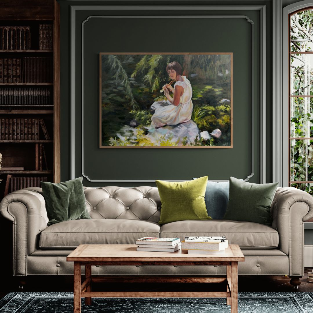Contemporary woodland canvas artwork displayed in a calming reading corner with earthy green interiors.
