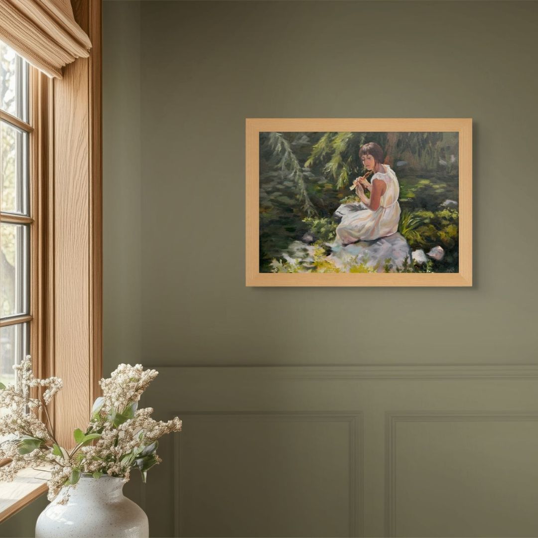 Contemporary figurative oil painting featuring a woman in woodland contemplation beside reflective water.