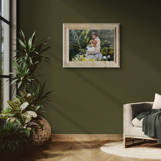 Framed oil painting of “Stillness Among the Leaves” by Lorraine Field, shown on a deep green wall in a calm, nature-inspired interior.