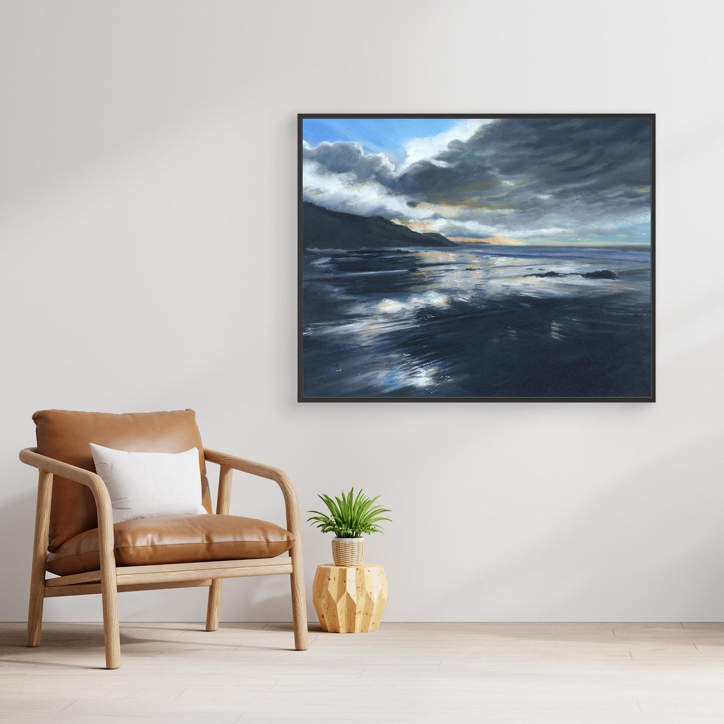 Moody coastal canvas wall art inspired by stormy seas in Cornwall. Dramatic framed seascape artwork with reflective water and atmospheric skies.