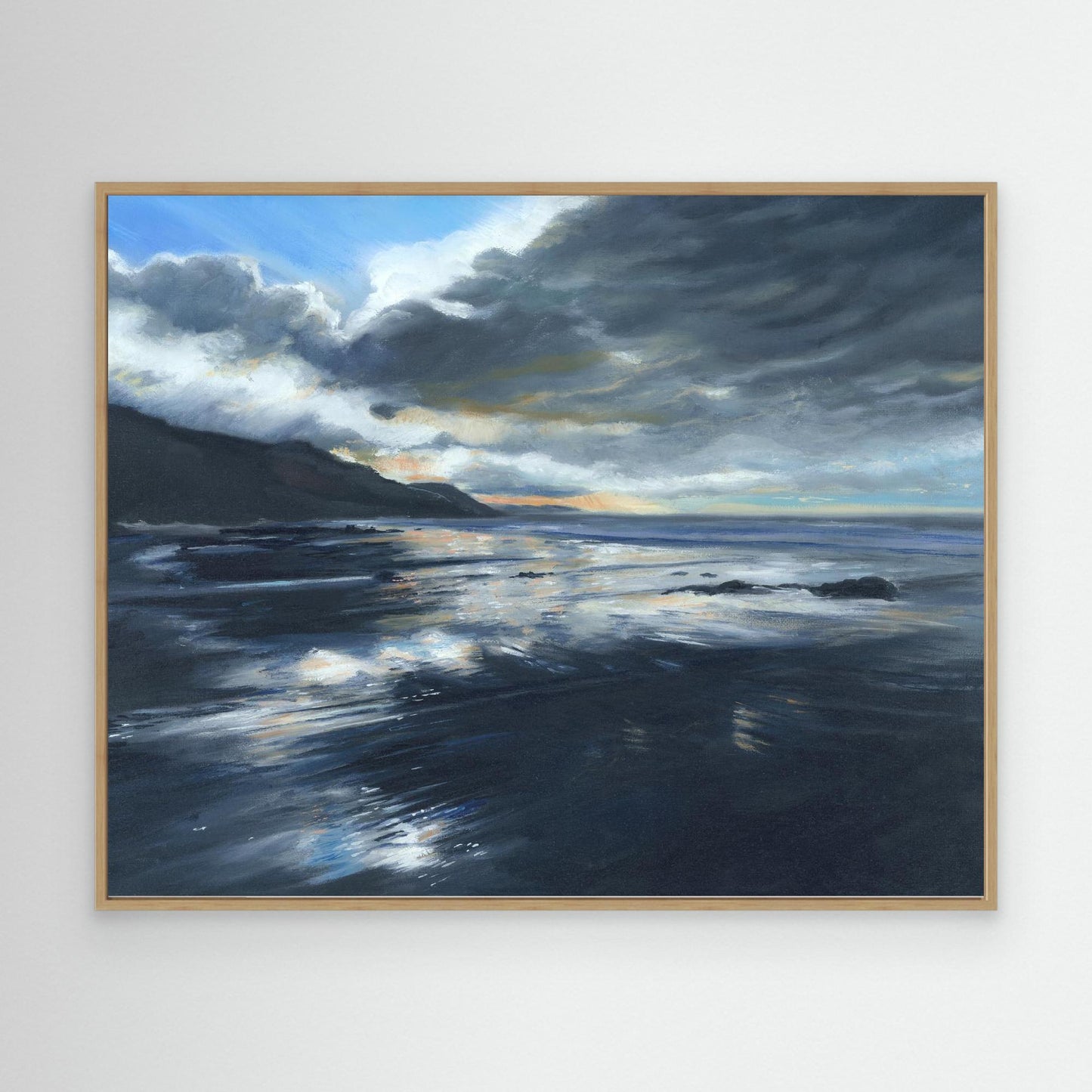 Canvas art print of Stormy Seas in oak wood frame 