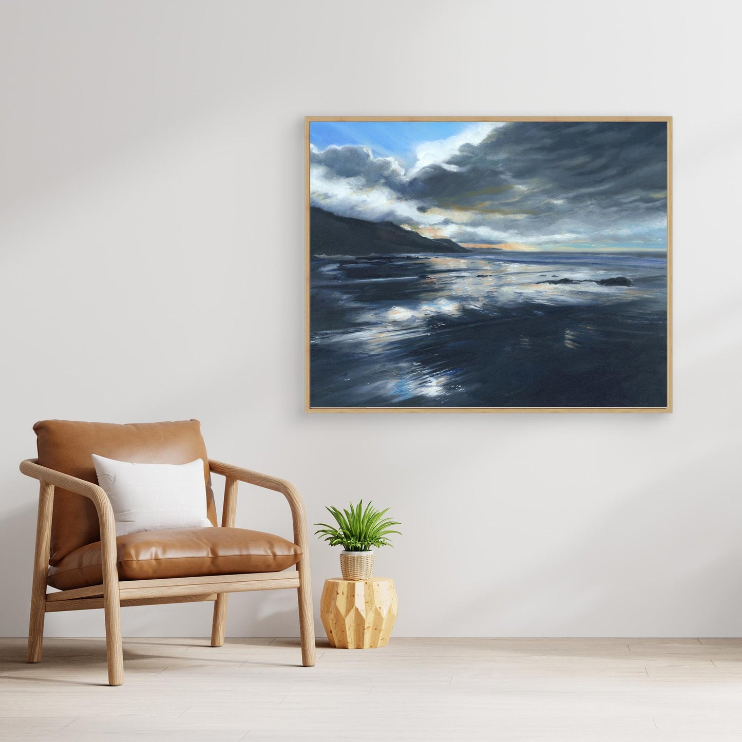 Large framed seascape canvas artwork inspired by stormy seas and dramatic Cornish coastline light.