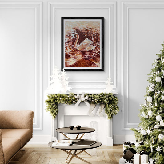 Living room with a decorated Christmas tree, beige sofa, and framed Swan artwork above a fireplace.