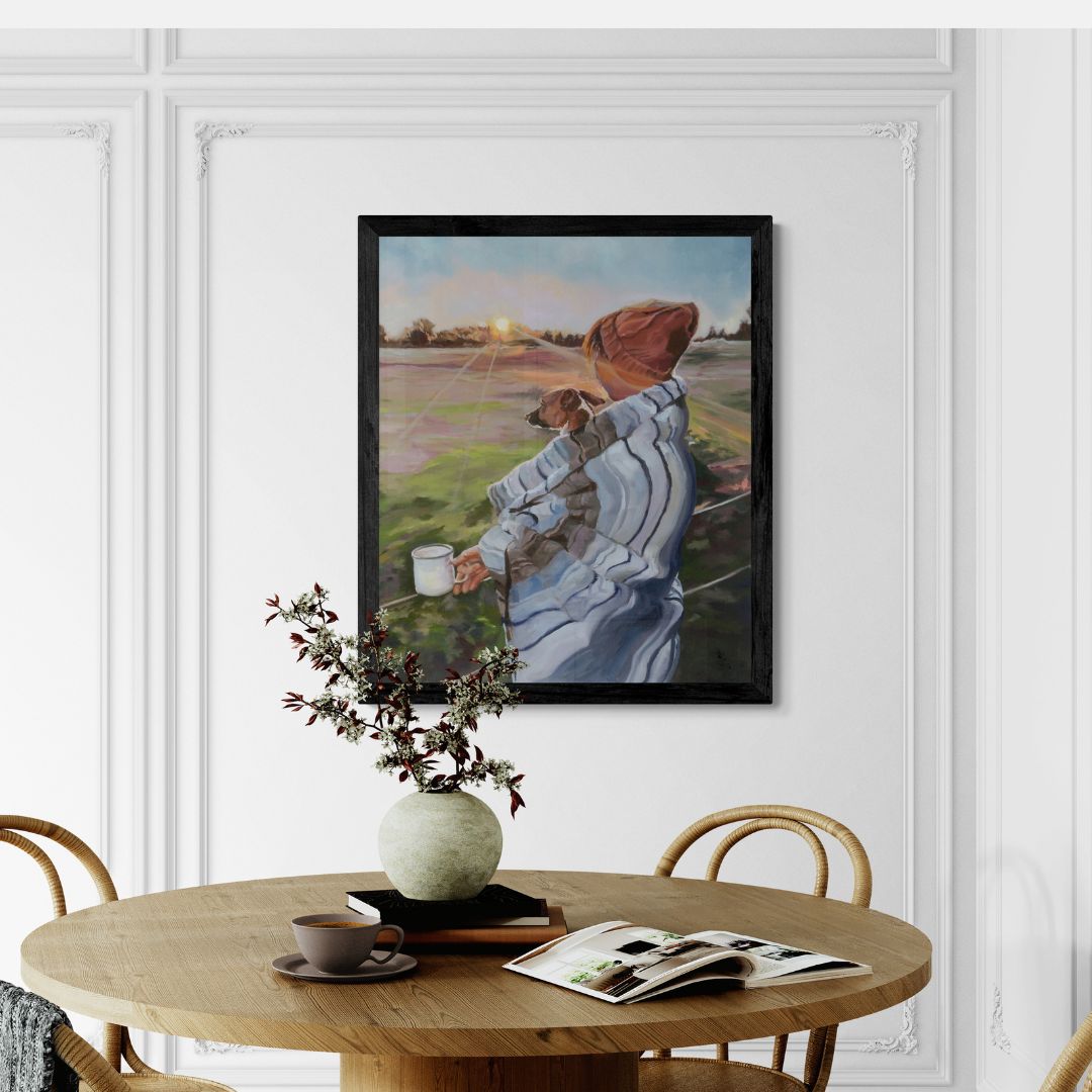 Black framed fine art print of a lady and her Jack Russell dog