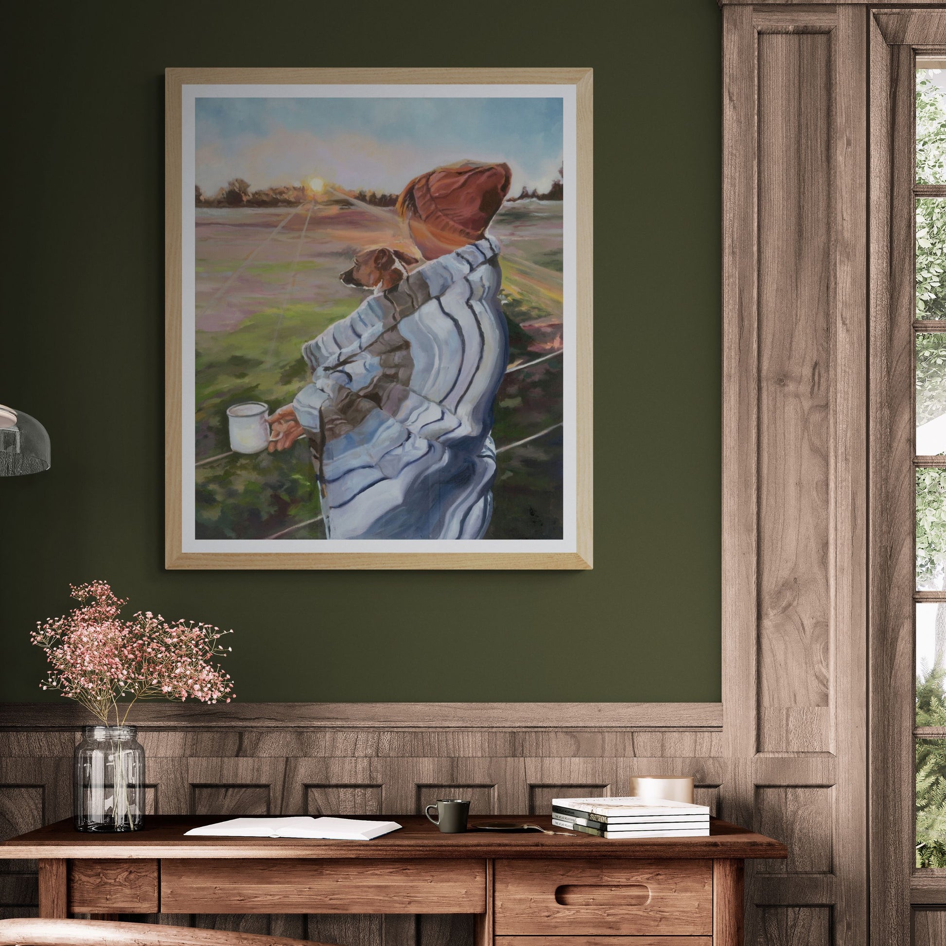 A lady and her Jack Russell dog art print in natural frame option above desk
