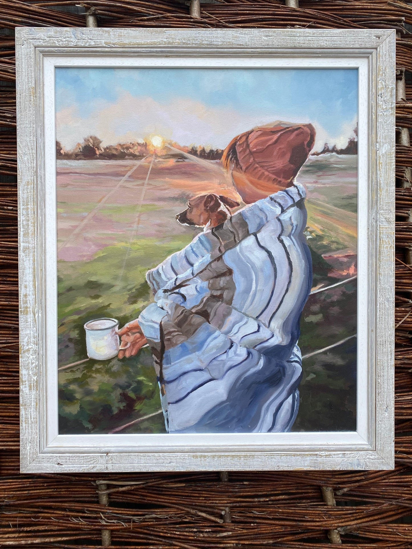 Watching sunrise with puppy oil painting on canvas