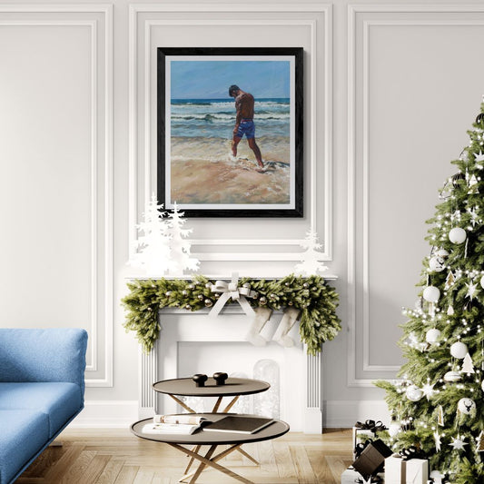 Surf Love Fine Art Print in Christmas Room Setting with Christmas tree with white decorations