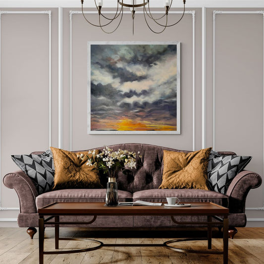 Framed original oil painting of a sunrise over Lelant, Cornwall, displayed in a white wooden frame
