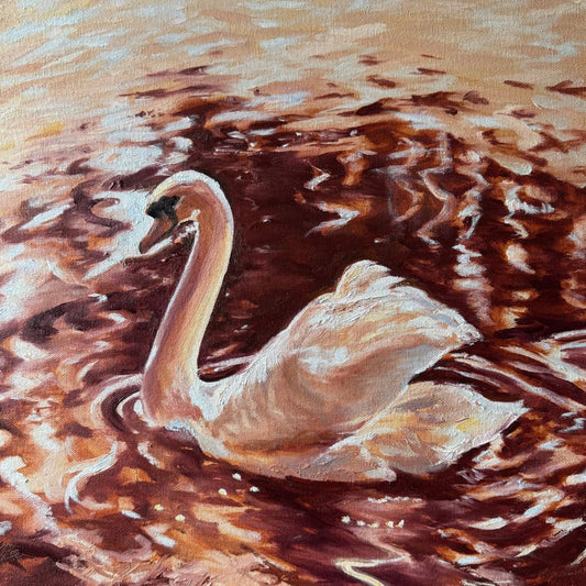 Painting of a swan floating on the River Avon with a warm burnt sienna colour palette