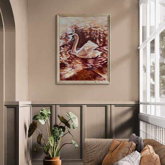 Living room with an original oil painting of a swan on the River Avon displayed on a wall, a plant, and a sofa.