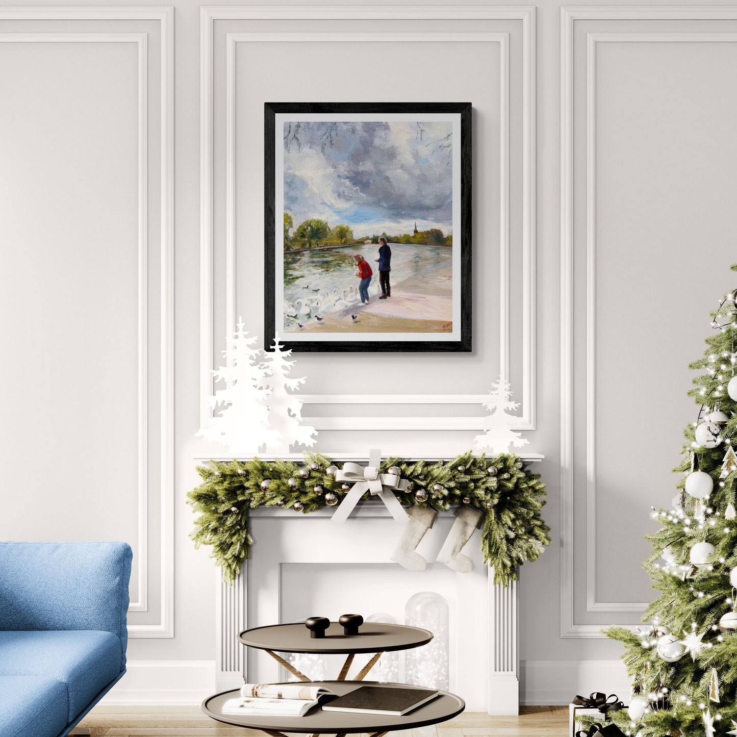 Feeding Swans in Stratford Upon Avon along the River Avon Fine art print in black frame by Lorraine Field Artist