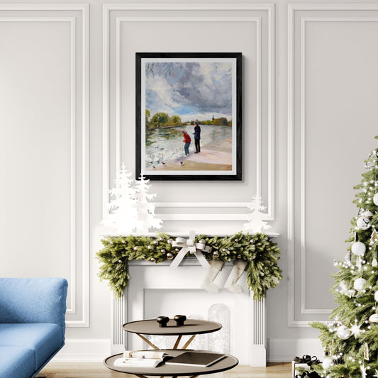 Feeding Swans in Stratford Upon Avon along the River Avon Fine art print in black frame by Lorraine Field Artist