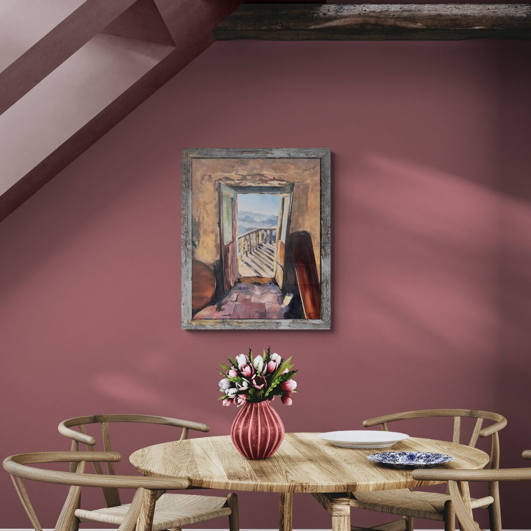Original framed oil painting of a rustic Italian doorway opening to a sunlit balcony by Lorraine Field Art.