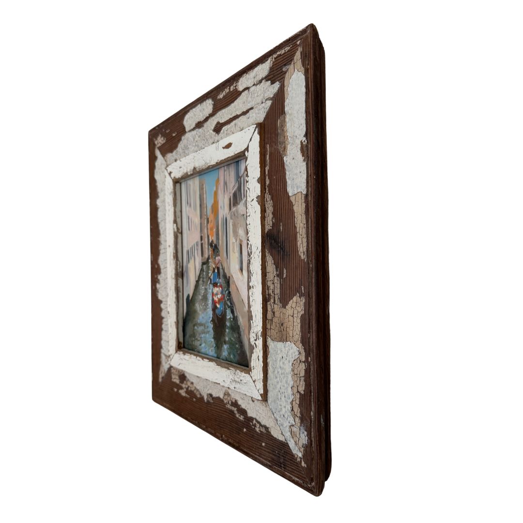 Side view of a tranquil oil painting of a single gondola, framed by Venice’s iconic stone bridges and pastel-colored buildings.