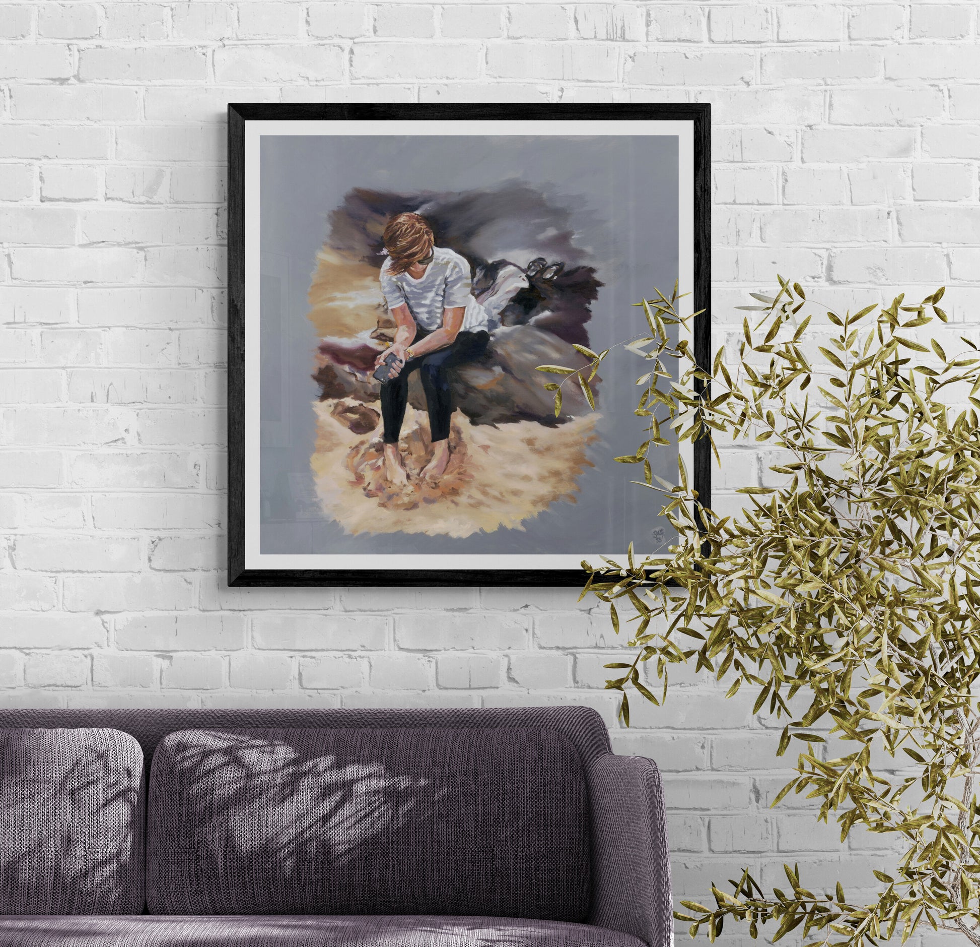 Girl on beach in Cornwall contemporary fine art print in black frame 