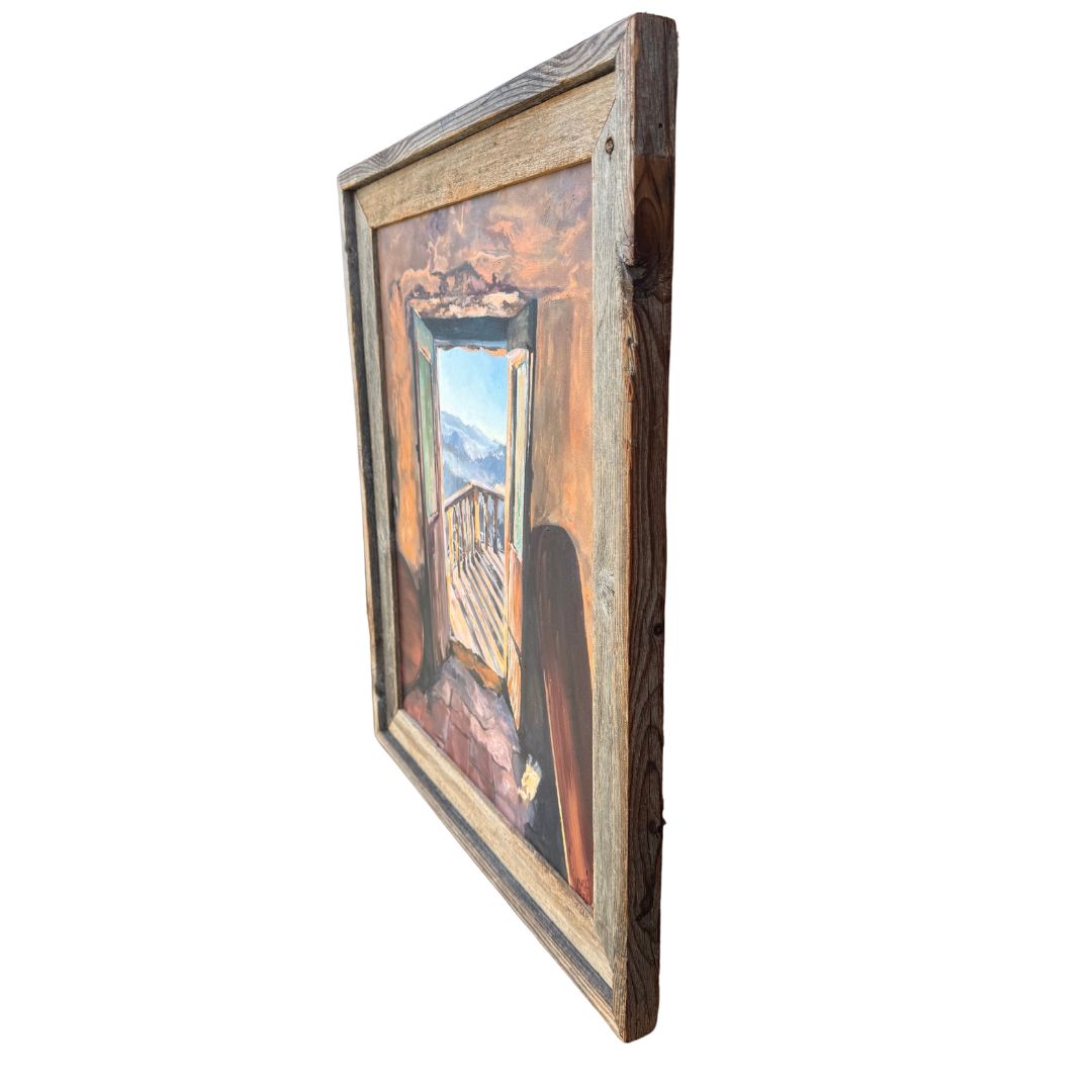 Warm-toned oil painting featuring a scenic Mediterranean doorway, framed in reclaimed wood.