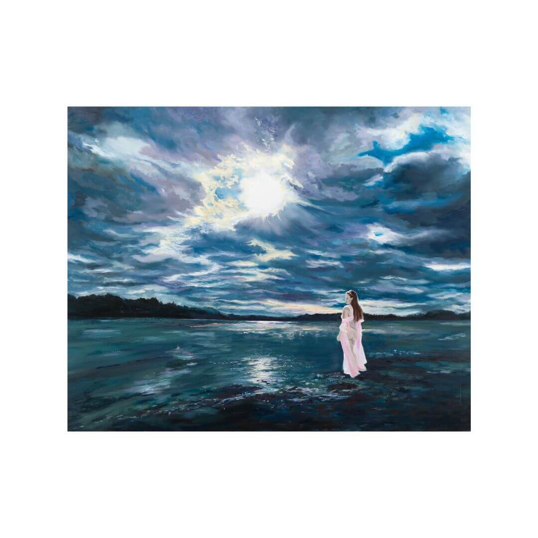 The Power of Mother Nature original oil painting by British artist Lorraine Field featuring a lone woman beneath dramatic storm clouds